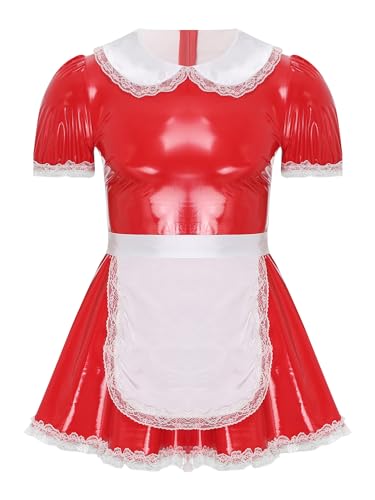 Doomiva Herren Dienstmädchen Kostüm Sissy Lederkleid Kurzarm Minikleid Mann Französische Maid Kostüm Set Halloween Kanreval Rot XXL von Doomiva