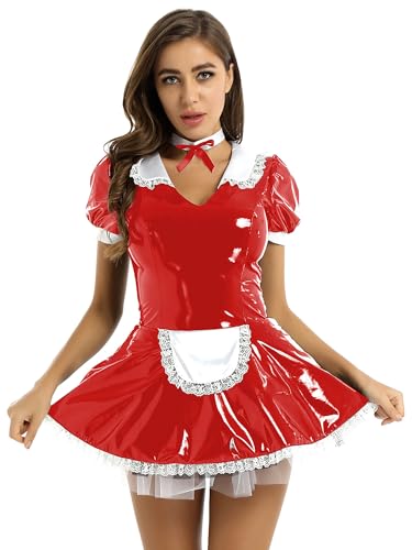Doomiva Damen Dienstmädchen Kostüm Cosplay Französisch Magd Uniform Kanrevalskostüm mit Halsriemen Faschingskostüm Wetlook Minikleid Lederkleid W Rot 4XL von Doomiva