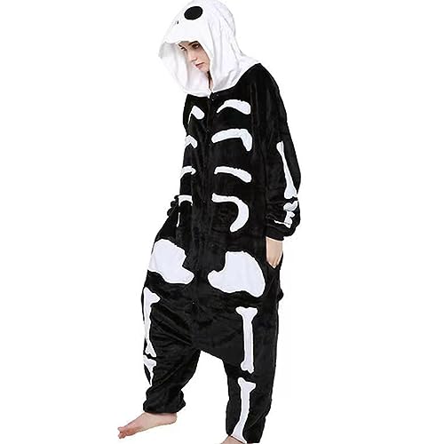 Dorccsi Skelettkostüm Outfit mit Kapuze Schädel Skelett Jumpsuit L weiche und gemütliche gruselige Schwarz Weiß One Stück Cosplay Halloween Kostüm für Erwachsene von Dorccsi