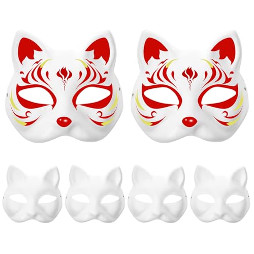 Katzenmaske 6pcs Therian Maske DIY Lackierbar Blindfuchsmaske mit Gummiband weiße Papiermaske zur Dekoration von Maskerade Fox Maske für Erwachsene Kinder Craft Cosplay Halloween von Dorccsi