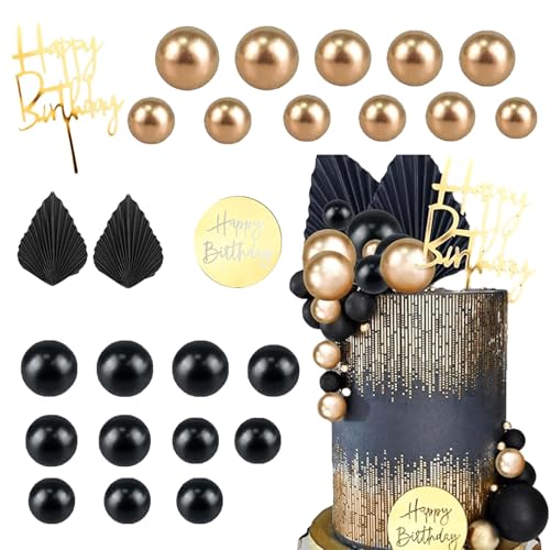 26 Stück Cake Topper Schwarz Gold Tortendeko Kugeln mit Palmenfächern aus Papier DIY Happy Birthday Kuchendekoration set für Hochzeit, Geburtstag, Jahrestag, Feiertag von Dorclife
