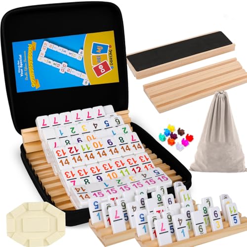 Doreimi Doppel 15 mexikanische Zug-Dominosteine Set mit 8 Holzhaltern, 136 Zahlensteinen, tragbares Reise-Brettspiel für Kinder und Erwachsene, Familienspielabend von Doreimi