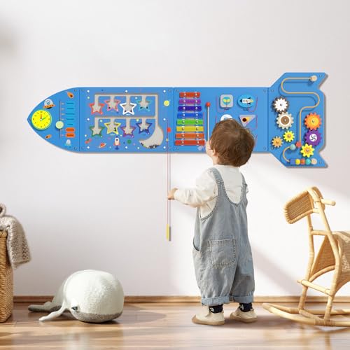 Dorifine Rocket Activity Wall Busy Board Panels für Kinder, Montessori Kleinkind Wand Activity Board, Wandspielzeug für Kleininder 3, Aktivitätswürfel, Wand Activity Board, Blau(4PCS) von Dorifine