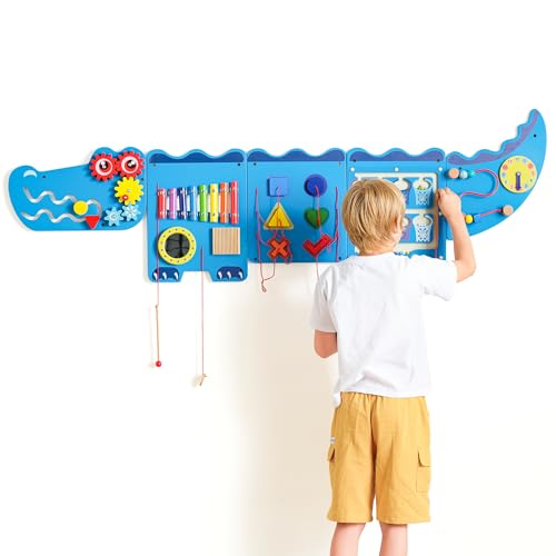 Krokodil sensorische Spielzeug Aktivität Wand Panels, pädagogische Montessori beschäftigte Brett für Kleinkinder, Aktivität Würfel mit Sensorische Wand, Holz Lernspielzeug, Interaktive Spielzeug, Blau von Dorifine