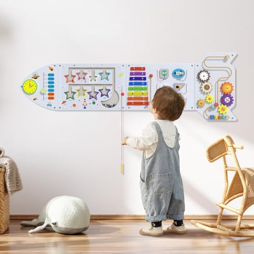 Rocket Activity Wall Busy Board Panels - Sensory Wall Panel für Kinder, Montessori Toddler Wall Activity Board, Wandspielzeug für Kleinkinder 3, Activity Cube, Wall Activity Board, Weiß Grau (4PCS) von Dorifine
