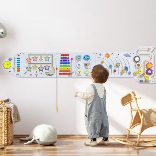 Rocket Activity Wall Busy Board Panels - Sensory Wall Panel für Kinder, Montessori Toddler Wall Activity Board, Wandspielzeug für Kleinkinder 3, Activity Cube, Wall Activity Board, Weiß Grau (5PCS) von Dorifine