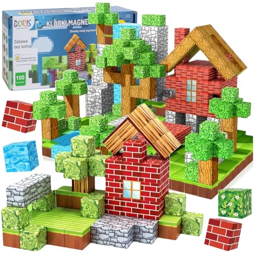 Doris Magnetische Konstruktionsblöcke, 100 Elemente, Bunte Würfel Pixel Würfel 2 cm, Haus Wasser Bäume Stein Erde Holz, Bildungsset für Kinder 3+ von Doris