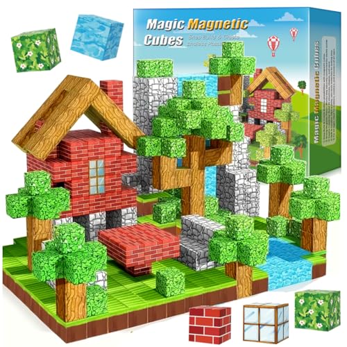 Doris Magnetische Konstruktionsblöcke, 100 Elemente + 3 Figuren, Bunte Würfel Pixel Würfel 2 cm, Haus Wasser Bäume Stein Erde Holz, Bildungsset für Kinder 3+ von Doris