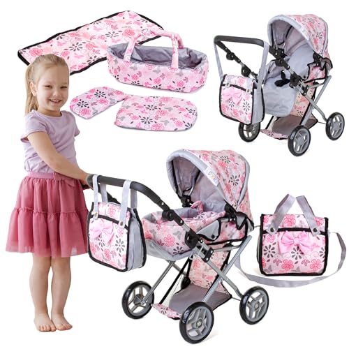 Doris Puppenwagen 3-in-1 – Kombiwagen mit Babywanne, Sportaufsatz, Tasche, Wickelunterlage & Bettwäsche – Faltbar – Für Mädchen von Doris