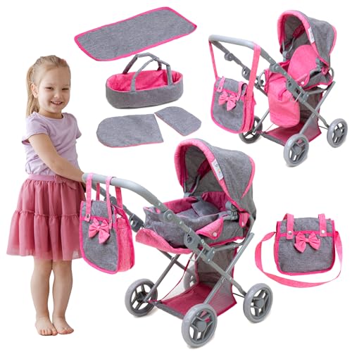 Doris Puppenwagen 3in1 - Tiefer Spaziergang, Gondel + Kinderwagen + Tragetasche + Wickelunterlage + Bettwäsche - Faltbarer Kinderwagen für Mädchen von Doris