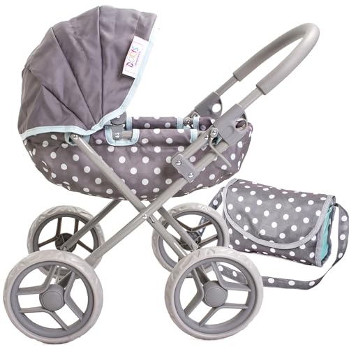 Doris Puppenwagen mit Tasche, Grau mit Punkten – tiefer Kinderwagen für Puppen mit klappbarem Verdeck – Höhe ca. 60 cm Doris Puppenwagen mit Tasche, Grau mit Punkten – tiefer Kinderwagen für Puppen mit klappbarem Verdeck – Höhe ca. 60 cm von Doris