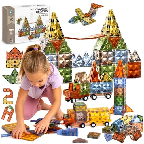 Magnetische Konstruktionsklöcke, Magic Magnetic Blocks 100 Elemente, Naturfarbliche Farbe, Set mit Fahrwerken, für Kinder 3+ Magnetische Konstruktionsklöcke, Magic Magnetic Blocks 100 Elemente, Naturfarbliche Farbe, Set mit Fahrwerken, für Kinder 3+ von Doris