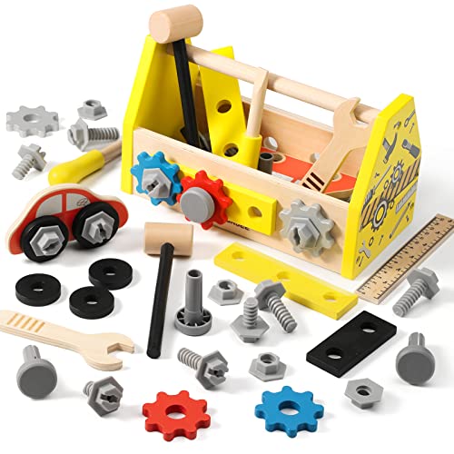 Dorjee Kinder-Werkzeugset, Kleinkind-Werkzeugset für Bauarbeiten, zum Mitnehmen von Holzkiste mit 30-teiligem Werkzeugset, Geschenke für Weihnachten und Geburtstag (gelb) von Dorjee