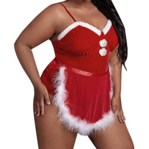 Dorjuli Damen Dessous Teufel Kostüm Festival Nachthemd Hollow Christmas Set Reizwäsche Body Suit Weihnachten Nähte Unterwäsche Weihnachtenskostüm mit String Weihnachten Weihnachtsmann Kostüm von Dorjuli