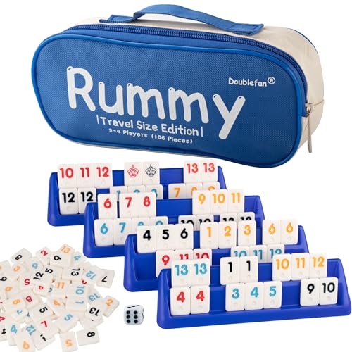 Doublefan Mini-Rommé-Set, Rommé-Spiel in Reisegröße mit robuster Reisetasche, klassisches Rommé-Würfelspiel für Erwachsene und Kinder, 106 Spielsteine, 4 Spielständer, 1 Würfel (2–4 Spieler) von Doublefan