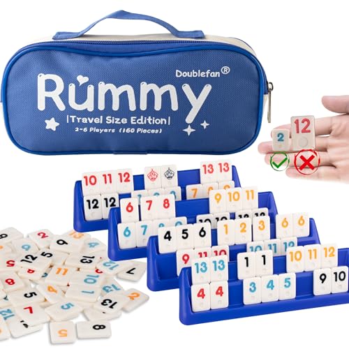 Doublefan Mini Rummy Set, Rummy-Spiel in Reisegröße mit strapazierfähiger Segeltuchtasche, klassisches Rummy-Spiel für Erwachsene und Kinder, 160 Steine, 6 Spielständer, 1 Würfel (2-6 Spieler) von Doublefan