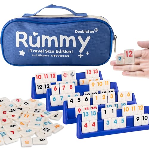 Doublefan Mini Rummy Set, Rummy-Spiel in Reisegröße mit strapazierfähiger Segeltuchtasche für Erwachsene und Kinder, 160 Steine, 6 Spielständer, 1 Würfel (2-6 Spieler) von Doublefan