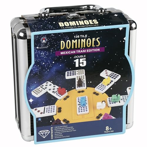Mexican Train Dominoes,Double Fifteen Dominoes Set for Adults, Aluminum Box, Coloured Dots,136 Domino Pieces (2-10 Players) von Doublefan