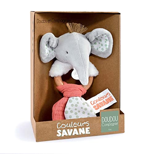 Doudou et Compagnie - Farben Savanne – Rassel Holz Elefant – Grau – 15 cm – Geschenk zur Geburt – DC4077 von Doudou et Compagnie