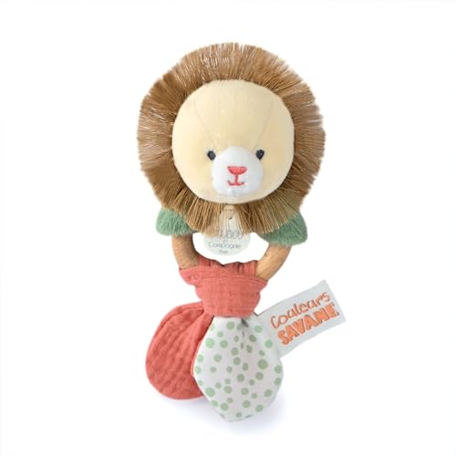 Doudou et Compagnie - Farben Savanne – Rassel aus Holz Löwe – Beige – 15 cm – Geschenk zur Geburt – schöne Geschenkbox – DC4067 von Doudou et Compagnie