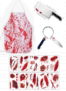 Doukesh Halloween Schlachter Metzger Kostüm mit Metzger Schürze Messer im Kopf Haarreif Blutiges Messer Narben Tattoos Halloween Kostüm für Karneval Halloween Cosplay Verkleidung Party Dekoration Doukesh Halloween Schlachter Metzger Kostüm mit Metzger Schürze Messer im Kopf Haarreif Blutiges Messer Narben Tattoos Halloween Kostüm für Karneval Halloween Cosplay Verkleidung Party Dekoration von Doukesh