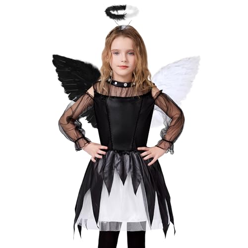 Doxrmuru Gefallenes Engelskostüm für Mädchen, dunkelschwarze Engelsflügel und Heiligenschein für Kinder, Halloween-Kostüm und Kostümkleid (5-7 Jahre) von Doxrmuru