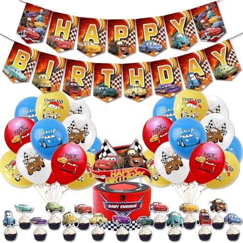 5 Stück New Cars Geburtstagsparty Dekoration für Kindergeburtstag, Jungen Party, einschließlich Geburtstags-Banner, Luftballons, kleine Einsätze, große Einsätze, Spulen von Faden, Aluminiumfolie von Doyomtoy