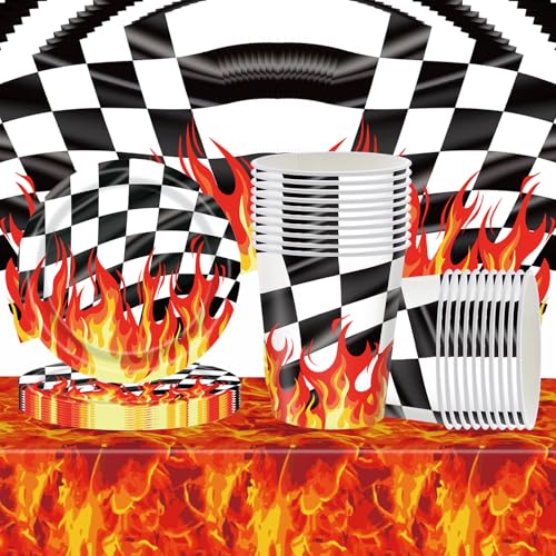 61 Stück Plaid Flamme Party Geschirr Set, Flamme Themed Geschirr, Geburtstag Party Dekoration Zubehör für Jungen und Mädchen Geburtstagspartys mit 20 Teilnehmern von Doyomtoy