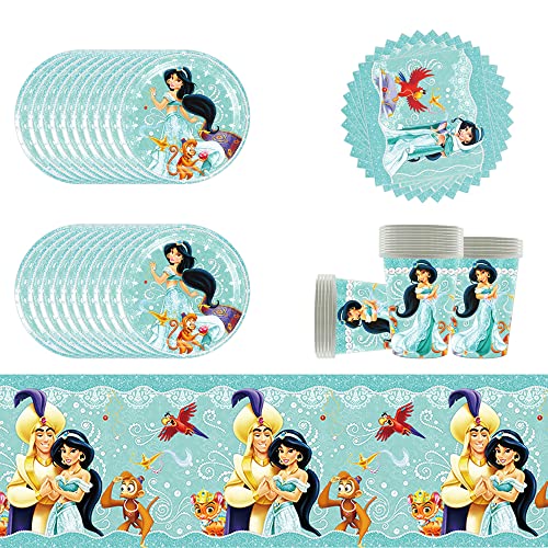 61Stück Prinzessin Jasmin Geburtstags Partygeschirr,Prinzessin Partyzubehör Pappteller Set, Set einschließlich Tischdecke Teller Becher Servietten zum babyparty,Hochzeiten,Jubiläums(20 Gäste) von Doyomtoy