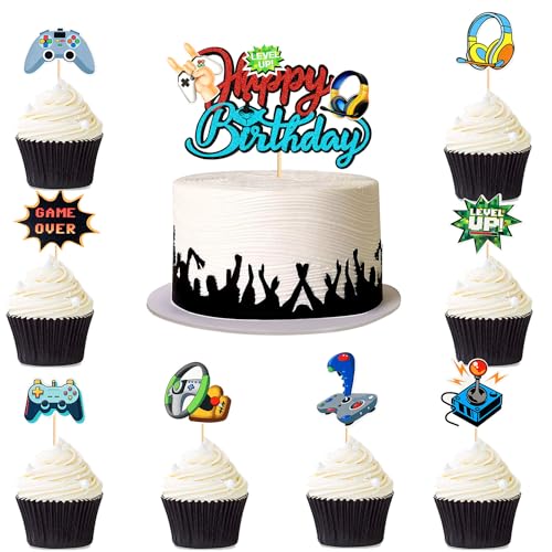 9 x Videospiel-Partyzubehör, Geburtstagskuchendekorationen für Jungen, Videospiel-Jungen, Geburtstagsparty, Blau, Cupcake-Zubehör, Spiel auf Level Up Sieger-Party-Dekorationen von Doyomtoy