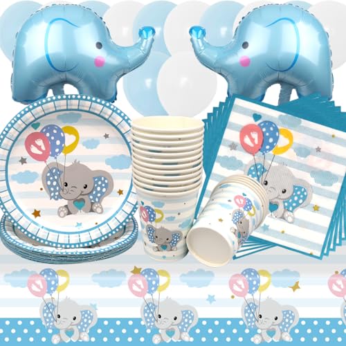 Baby Shower Geburtstag Deko,Doyomtoy 67 Stück Partygeschirr Elefant Geburtstag Party Set Geburtstagsteller Tassen Servietten Blauer Elefant Geburtstags für Kinder Babyparty Deko von Doyomtoy