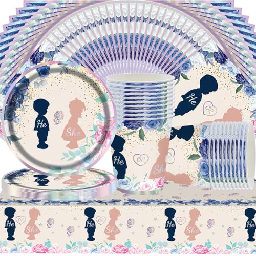 Boy or Girl Teller Party Geschirr Set,Doyomtoy 61 Stück Reveal Party Supplies Tassen, Servietten, Tischdecke, für Kindergeburtstag Party Deko Baby Shower von Doyomtoy