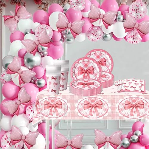 Doyomtoy 171PCS rosa Schleife Thema Geburtstag Party Dekoration, Geburtstag Party Geschirr, Aluminium-Folie Ballons, Bogen Dekoration, Hochzeit Zubehör von Doyomtoy