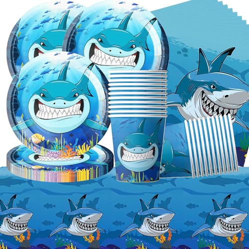Doyomtoy 61 Stück Hai Party Geschirr Set für 20 Personen - Shark Thema Dekoration Mit Pappteller, Tassen, Servietten, Tischdecke für Kindergeburtstag Doyomtoy 61 Stück Hai Party Geschirr Set für 20 Personen - Shark Thema Dekoration Mit Pappteller, Tassen, Servietten, Tischdecke für Kindergeburtstag von Doyomtoy