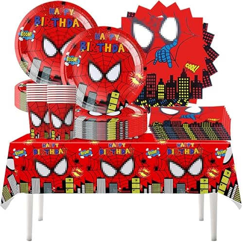 Doyomtoy 61PCS Spider-Man Partygeschirr, Kindergeburtstag Party, Partydekoration, Jungen Party, Partygeschirr, Tassen, Teller, Tischdecken, Seidenpapier (20 Personen) von Doyomtoy