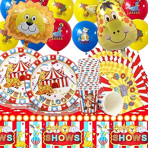 Doyomtoy 75 Pcs Zirkus Kindergeburtstag Geschirr Set,rot und weiß gestreiftes Zelt,Party-Dekorationen Zirkus Geschirr Teller,Tassen, Servietten,Luftballons,Tischdecken,Party-Dekorationen von Doyomtoy