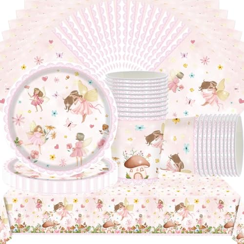 Doyomtoy Feen-Party-Geschirr,61 Stück Fee Partygeschirr Kindergeburtstag Set,Mädchen Geburtstag Party Set Geburtstagsteller,Tassen,Servietten für Kindergeburtstag Deko(20 Gäste) von Doyomtoy
