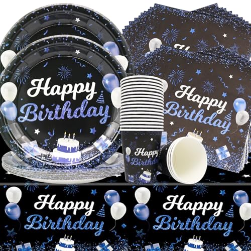 Doyomtoy Geburtstag Partygeschirr Set, 61 Stück, Blaues Partygeschirr mit Teller, Tassen, Servietten, Tischtuch für Baby Dusche Geburtstag Party Mädchen Junge von Doyomtoy