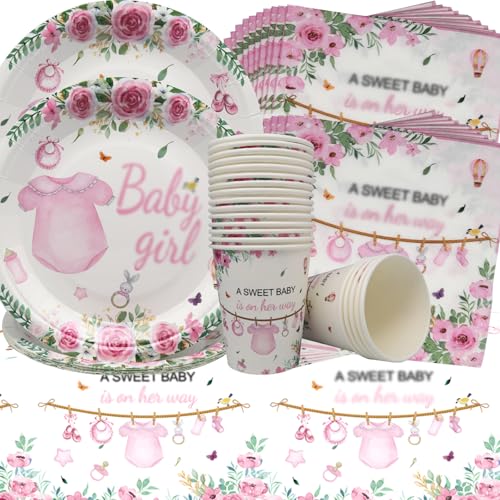 Doyomtoy Gender Reveal Partygeschirr,61Stück Babyparty Deko Mädchen Partygeschirr Set,Kindergeburtstag Deko Teller,Papierbecher,Servietten,Tischdecke Mädchen Baby Shower Pink von Doyomtoy