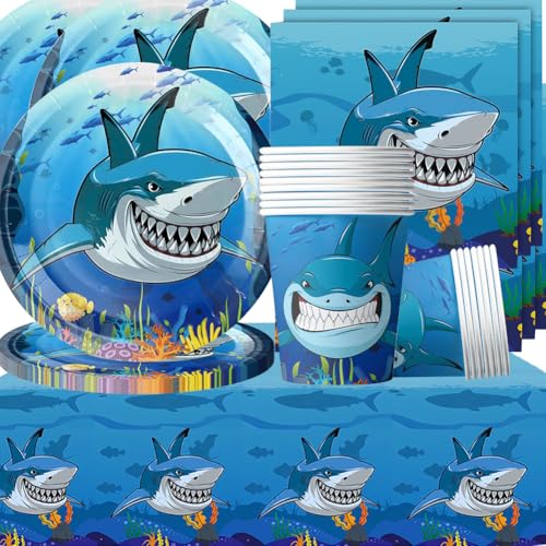 Doyomtoy Hai Geburtstag Deko Ozean Partygeschirr Shark Party Set Geburtstagsteller Tassen Servietten Unterwasser Hai Geburtstag für Kinder Babyparty Deko 20 Gäste von Doyomtoy