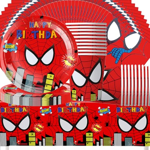 Doyomtoy Hero City Spinne Geschirr,20 People Heldenstadt Party Wunderland Party Set,Mit Tischtuch,Teller,Servietten und Pappbecher Kindergeburtstag von Doyomtoy