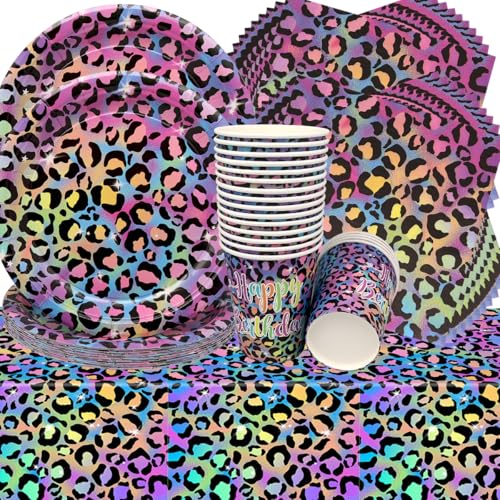 Doyomtoy Leopard Geburtstag Deko, 61 Stück Regenbogen Neon Leoparddruck Partygeschirr Geburtstag Party Set Geburtstagsteller Tassen Servietten Leoparden Geburtstags für Kinder Babyparty Deko von Doyomtoy