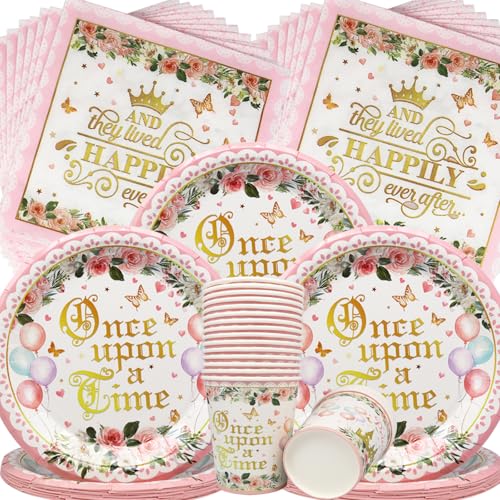 Doyomtoy Prinzessin Partygeschirr,60 Stück Kindergeburtstag Party Dekorationen,Prinzessin Pappteller Pappbecher Papierhandtücher Mädchen-Geburtstagsparty-Dekorationen Schloss Geburtstag Deko von Doyomtoy