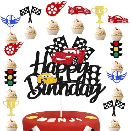 Doyomtoy Racing Flagge Kuchen Deko,Auto Tortendeko Geburtstag,Auto Cake Topper Happy Birthday Deko,Kindergeburtstag Torte Deko für Junge Party Dekoration zum Rennen Cupcake Toppe (13 Stück) von Doyomtoy