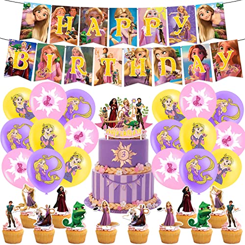 Doyomtoy Rapunzel Geburtstag Deko,Rapunzel Party Luftballons,32 Stück Rapunzel Geburtstag Dekoration Set,Prinzessin Party Deko,Rapunzel Latex-Ballon, Kuchen Dekoration von Doyomtoy