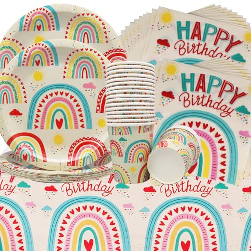 Doyomtoy Regenbogen Boho Partygeschirr,61Stück Geburtstag Partygeschirr Boho Regenbogen Tischtuch Teller Becher Servietten Regenbogen Party Dekoration Baby Dusche Party Zubehör für Hippie Boho Party von Doyomtoy