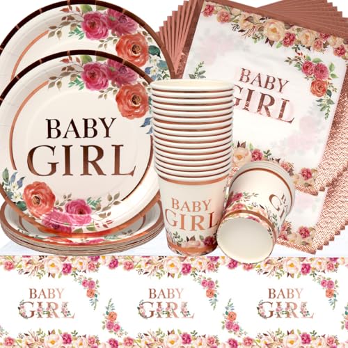 Doyomtoy Rosenblüten Partygeschirr, 61 Stück Baby Shower Geburtstag Deko Mädchen Geburtstag Blüte Tassen Servietten Tischdecke für Kindergeburtstag Party Deko Baby Shower von Doyomtoy