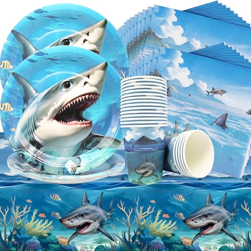 Doyomtoy Unter dem Meer Partybedarf,Hai Geburtstag Party Dekoration 61 Stück Hai Teller Tassen Servietten Tischdecke für Jungen Ozean Thema Party Supplies Geeignet für Kindergeburtstage von Doyomtoy