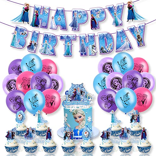 Geburtstag Luftballon für Frozen,Eiskönigin Elsa Party Dekorationen Happy Birthday Banner Cake Topper Luftballon Frozen Party Supplies für Kindergeburtstag Babyparty Dekoration 35Stück von Doyomtoy