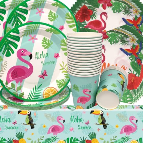 Hawaii Geburtstag Deko,Doyomtoy Flamingo Partygeschirr Geburtstag Party Set Geburtstagsteller Tassen Servietten Flamingo Geburtstags für Karneval Party Decoration 20 Gäste von Doyomtoy
